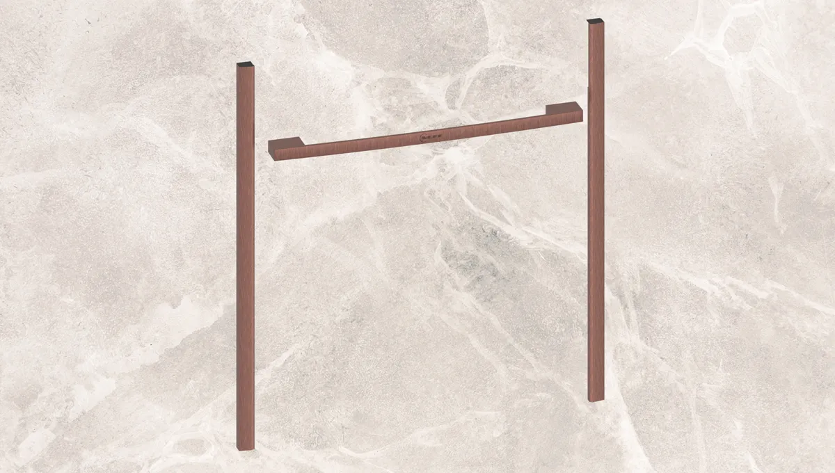 Two parallel metal bars against a light marble background.