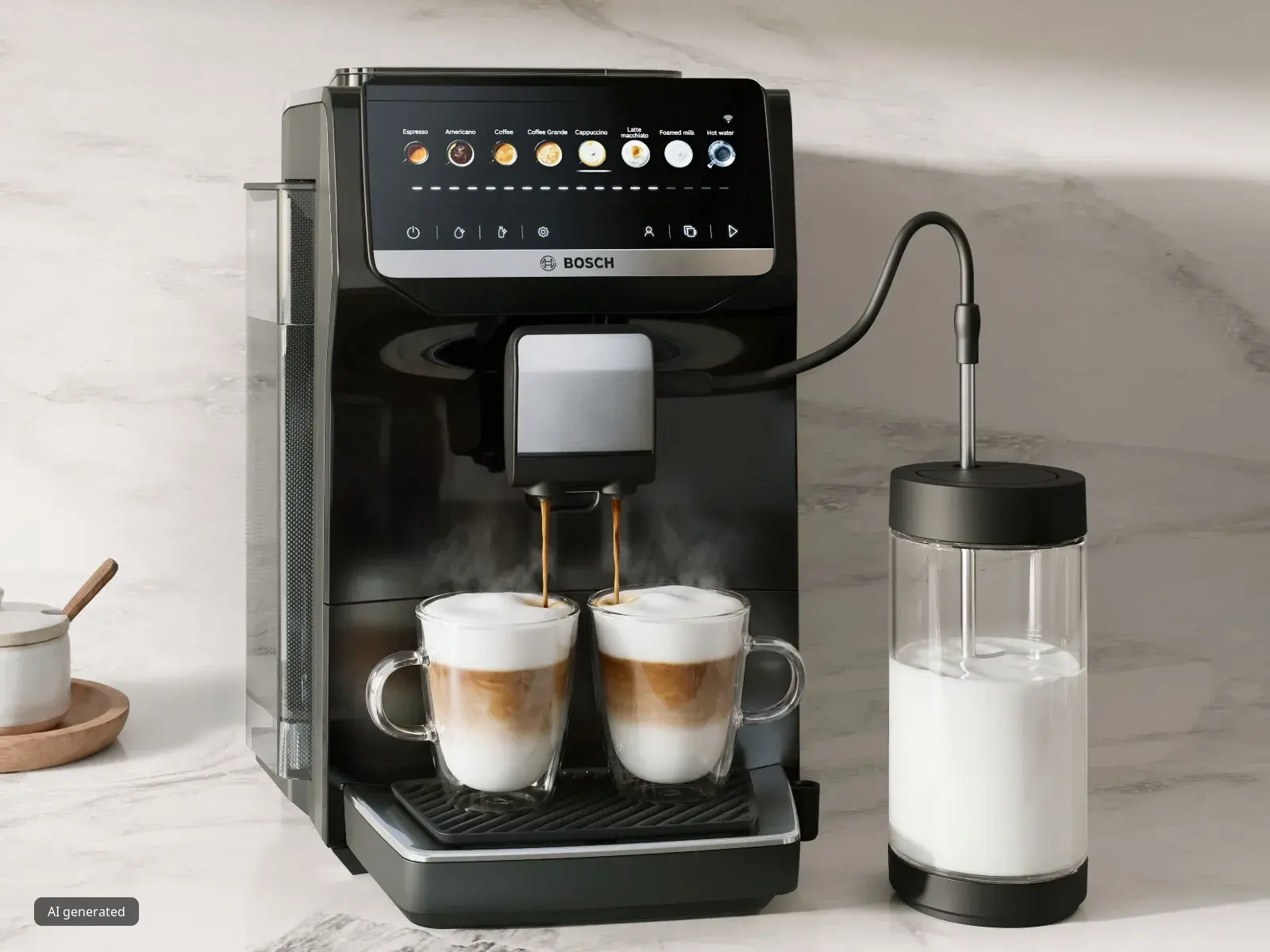 Series 4 VeroCafe coffee machine on marble kitchen top with two cappuccinos and milk hose inserted into a special milk container.