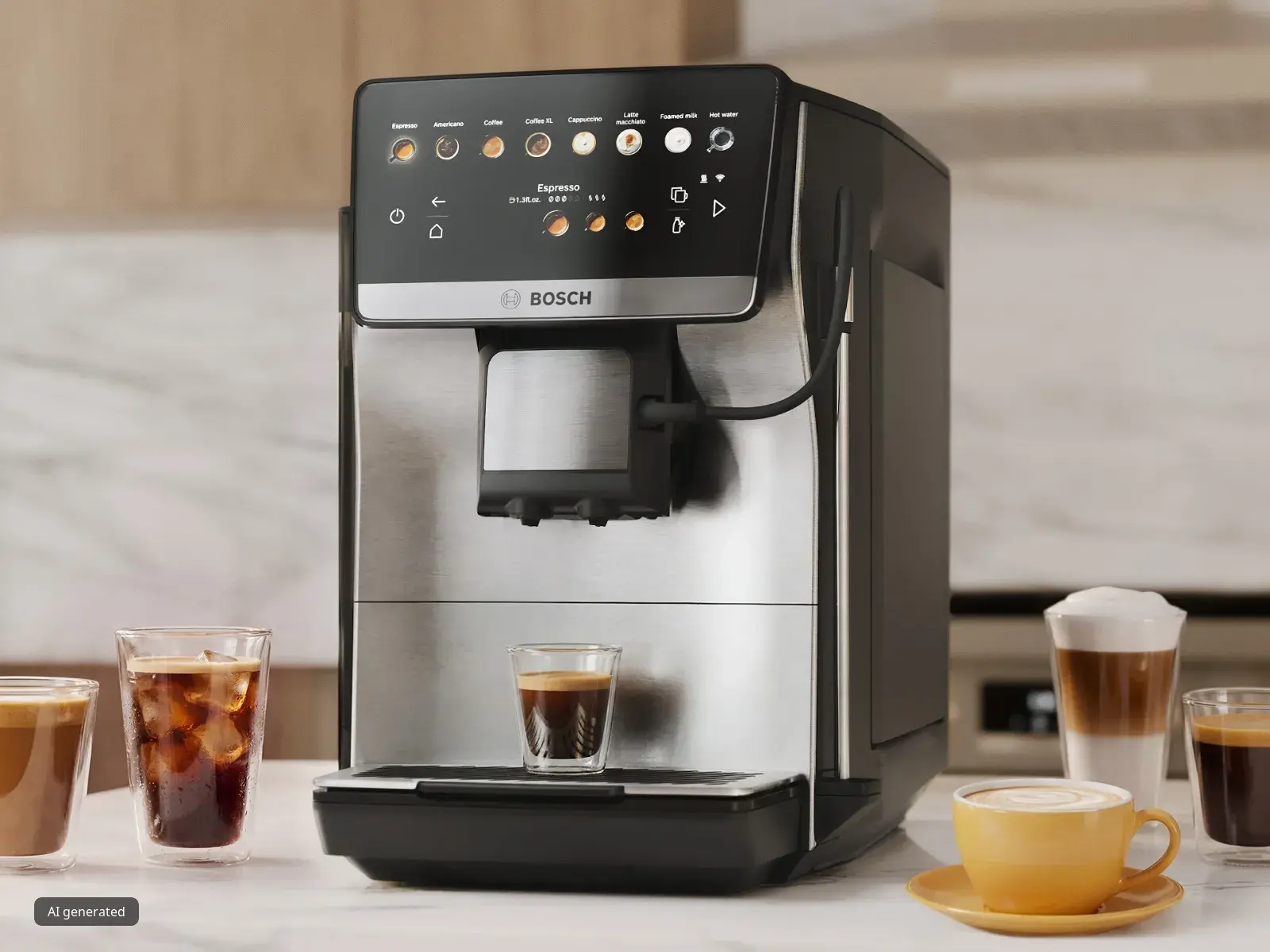 Series 6 VeroCafe coffee machine on marble kitchen top with different beverages around it, like espresso, latte macchiato and a cold brew.