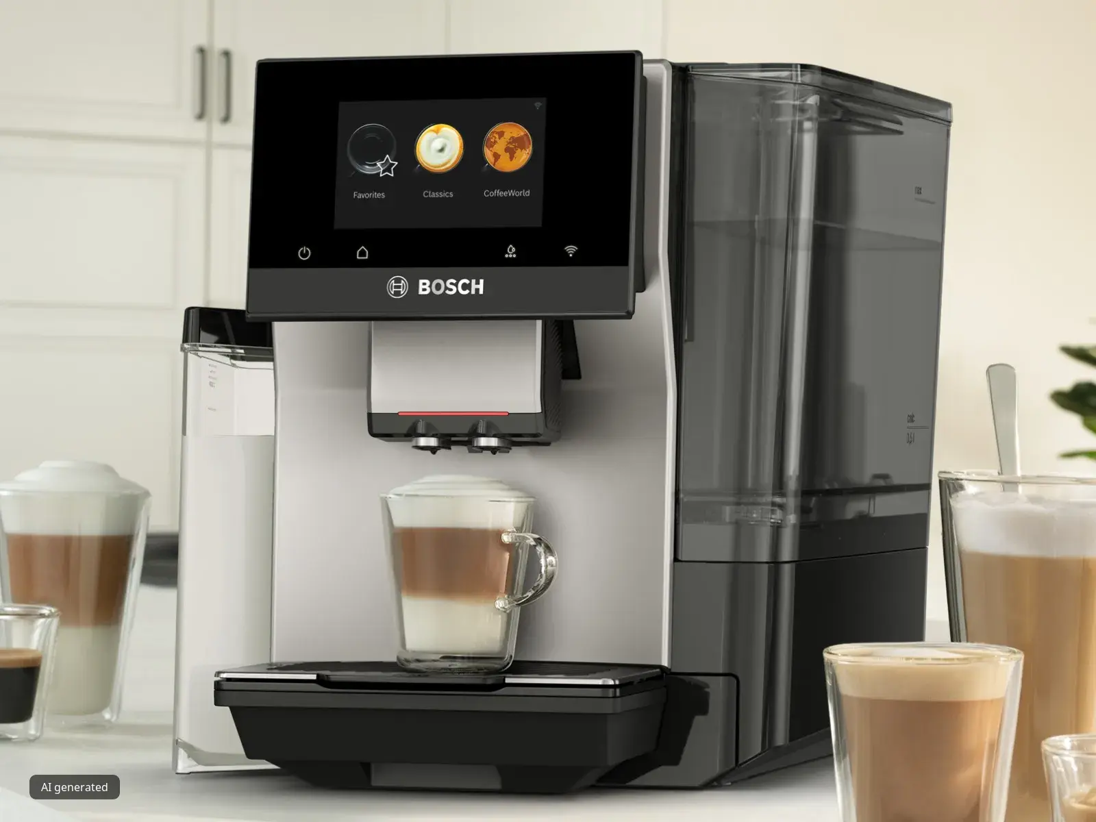 Series 8 VeroCafe coffee machine with integrated milk container on a kitchen top with different beverages around it, like espresso and latte macchiato.
