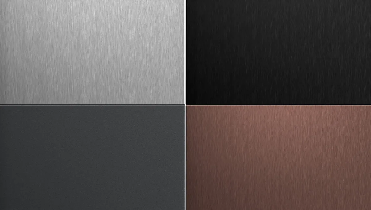 Four metal textures: brushed silver, black, and two shades of bronze.