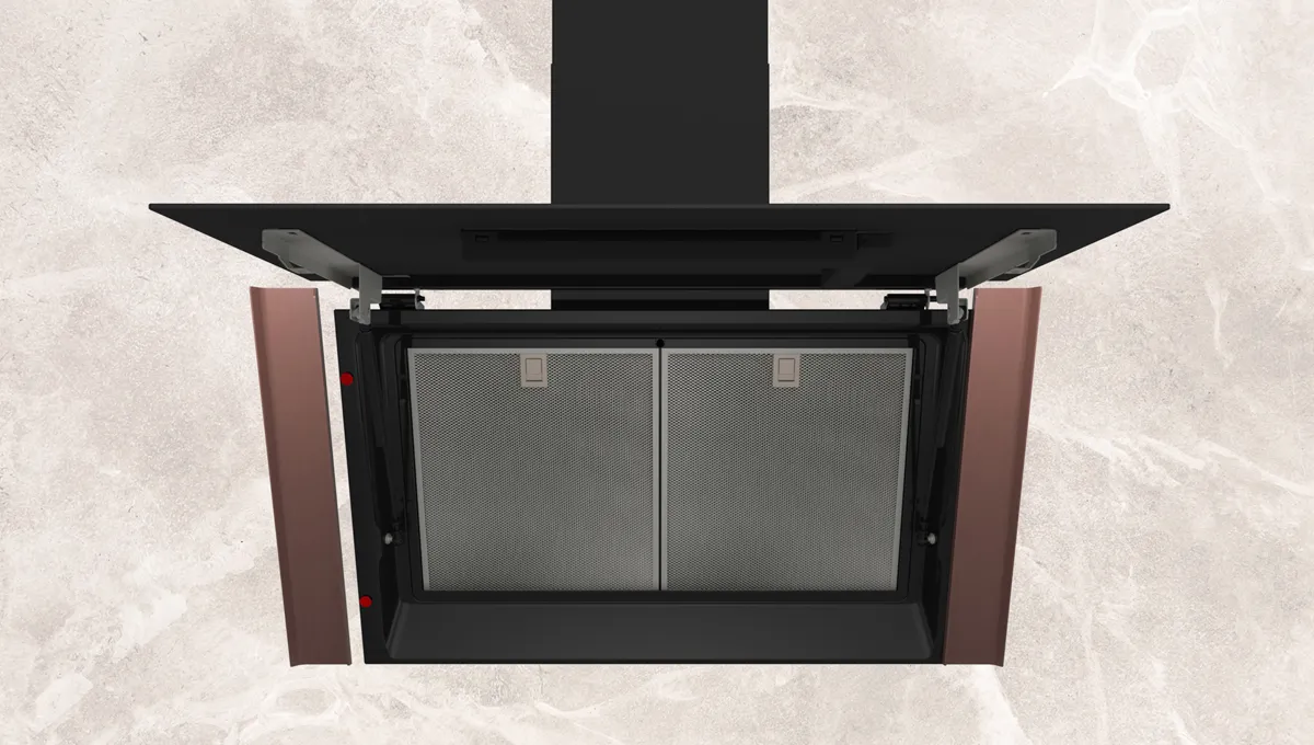Modern kitchen range hood with black metal frame and sliding glass panels.