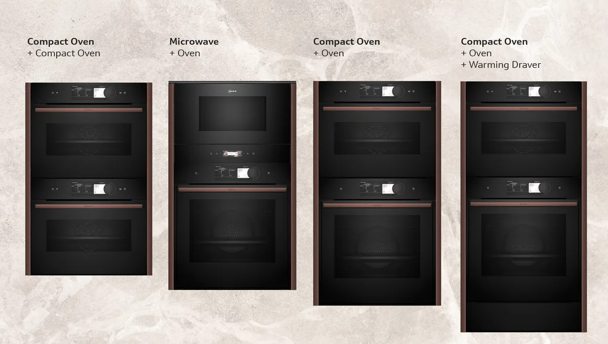Four kitchen appliance configurations: compact oven, microwave, compact oven plus oven, and compact oven plus oven with warming drawer.