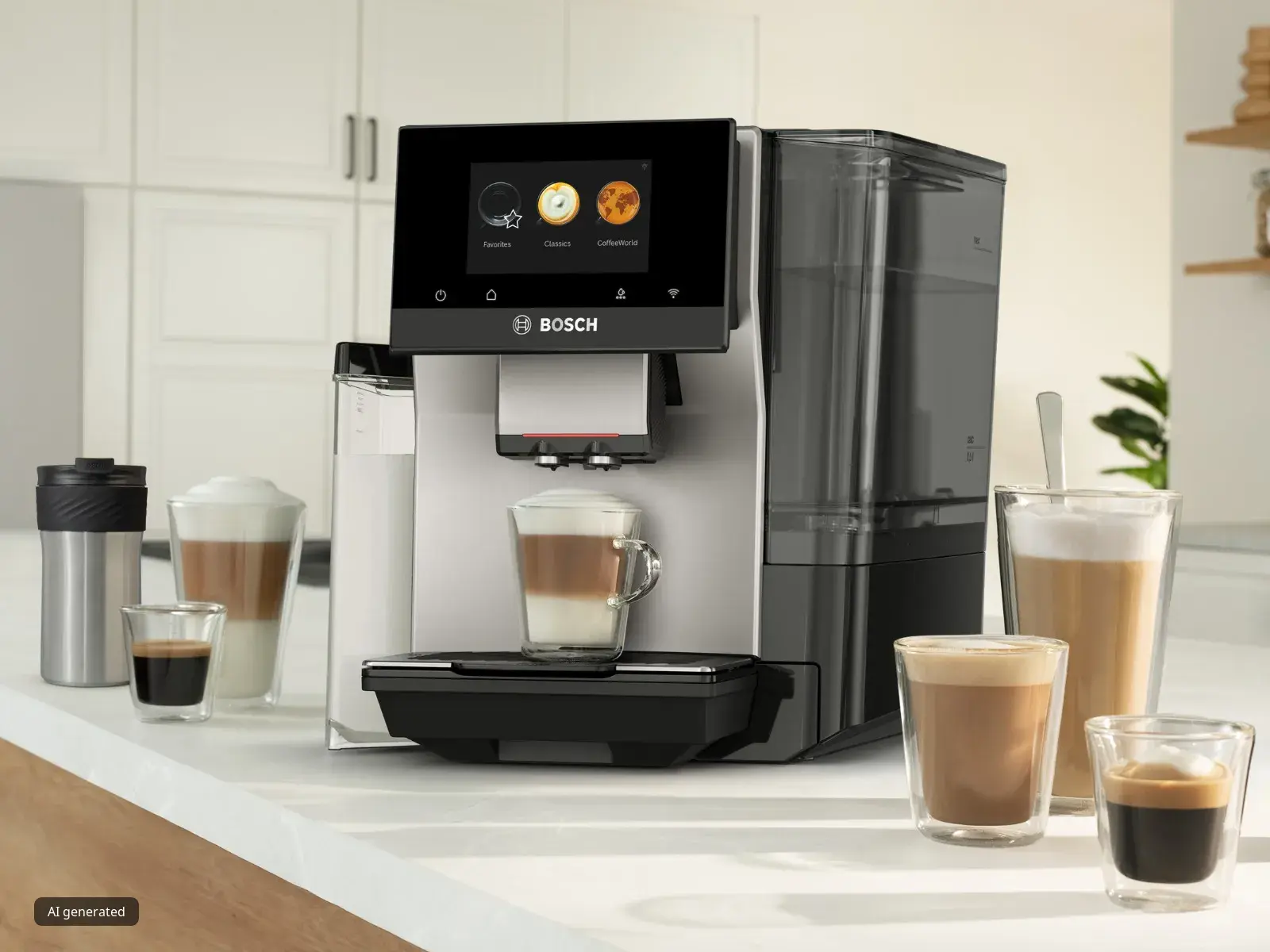 Πλήρως αυτόματη καφετιέρα Bosch VeroCafe Σειρά 8 στον πάγκο της κουζίνας, περιτριγυρισμένη από πολλά ροφήματα καφέ και μια κούπα ταξιδιού XL.