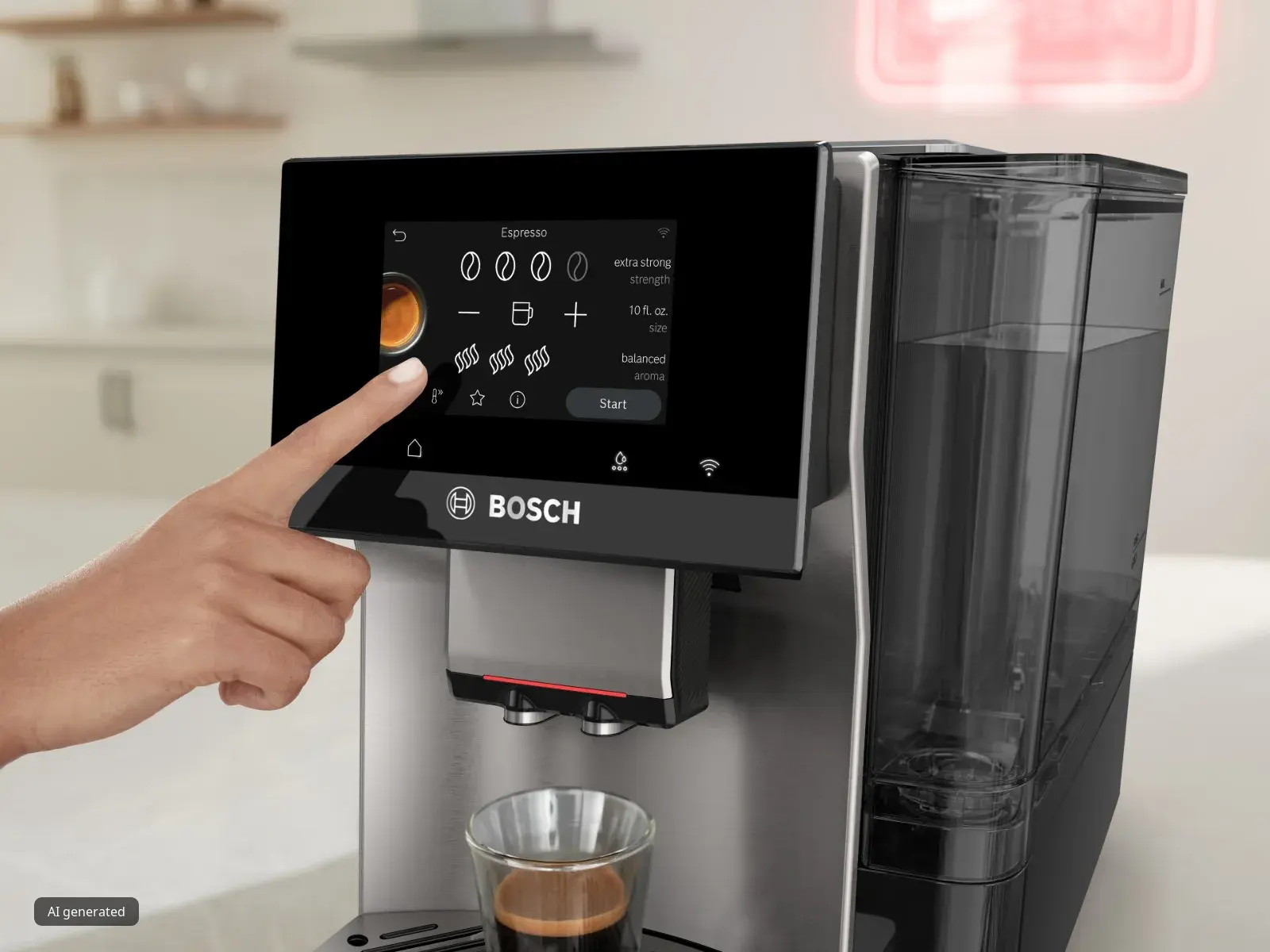 Πλήρως αυτόματη καφετιέρα Bosch VeroCafe Σειρά 8 στον πάγκο της κουζίνας. Ένα δάχτυλο απλώνεται προς την οθόνη αφής και ένα φλιτζάνι φρεσκοκομμένου καφέ βρίσκεται κάτω από το στόμιο.
