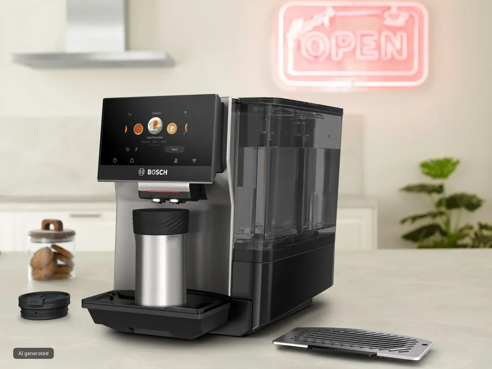 Πλήρως αυτόματη καφετιέρα Bosch VeroCafe Σειρά 8 στον πάγκο της κουζίνας με μια κούπα ταξιδιού XL κάτω από το στόμιο. Ο αφαιρούμενος δίσκος συλλογής υγρών βρίσκεται δίπλα στη μηχανή.