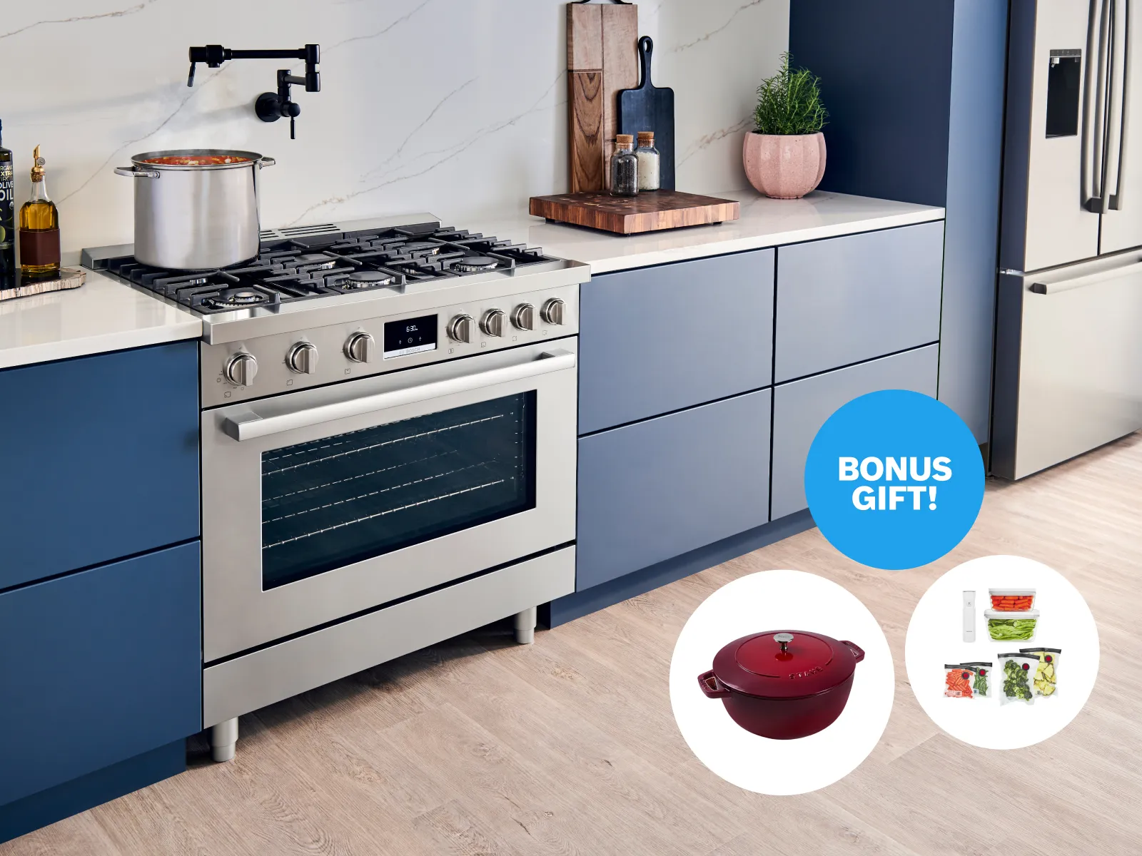 Bosch stainless steel range with bonus gift of Staub French pot and Miyabi Birchwood Chef knife
