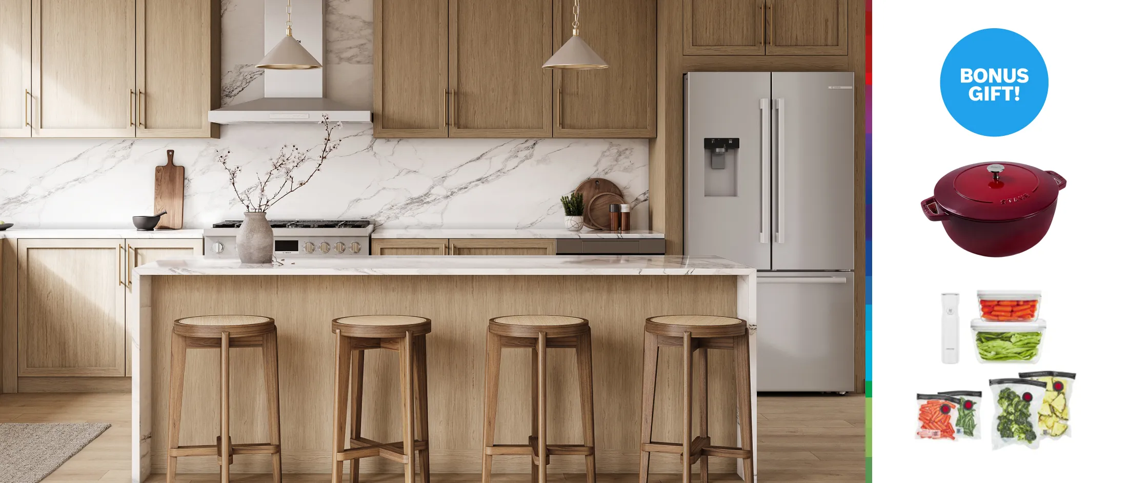 Bosch stainless steel appliances with white oak kitchen shot with bonus gifts of French staub pot and zwiling tupperware