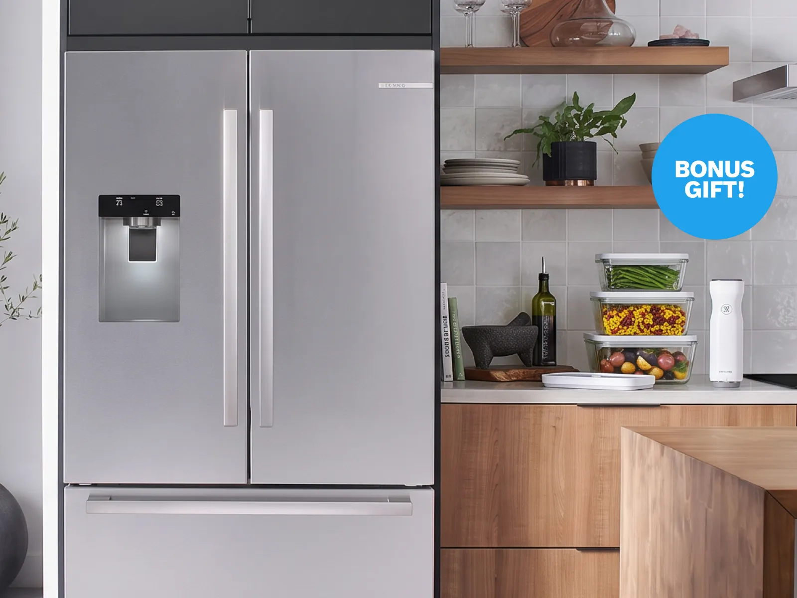 Bosch Stainless steel fridge with bonus gwift of zwiling tupperware