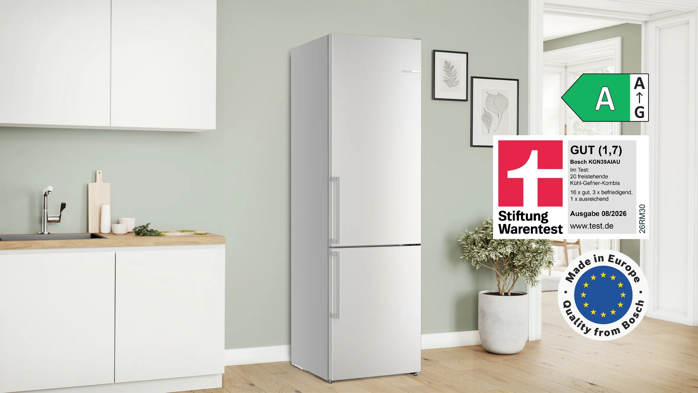 Bosch Kühl-Gefrier-Kombination KGN39AIAU mit Energieeffizienzklasse A, Stiftung Warentest Qualitätsurteil GUT (1,7), Ausgabe 08/2026, und Made-in-Europe-Siegel.