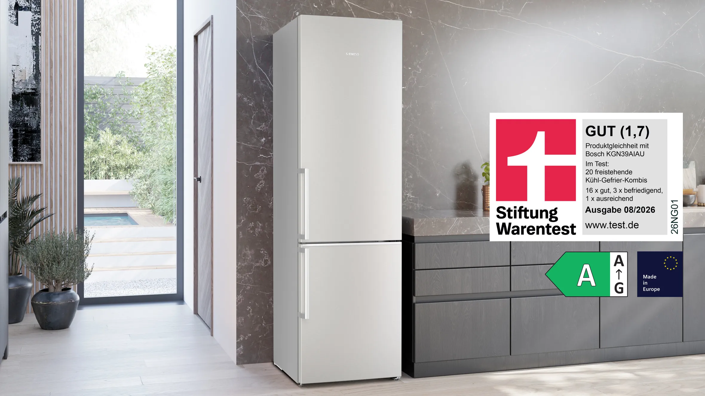 Siemens Kühl-Gefrierkombination KG39NAIAU in Edelstahloptik, baugleich zum von Stiftung Warentest mit GUT (1,7) bewerteten Modell, Ausgabe 08/2026, Energieeffizienzklasse A, Made in Europe.