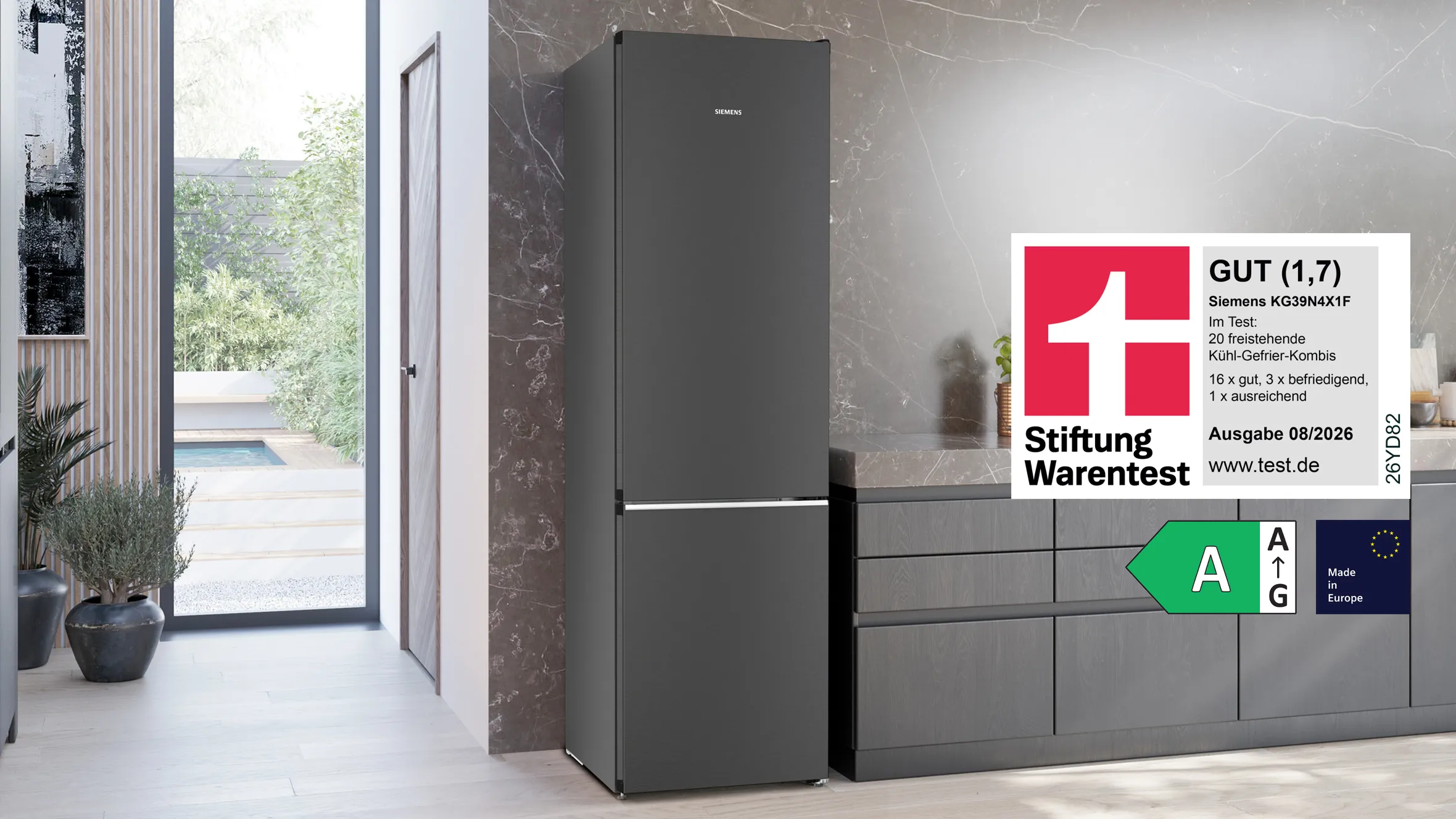 Siemens Kühl-Gefrierkombination KG39N4X1F in schwarzem Stahl, von Stiftung Warentest mit GUT (1,7) in Ausgabe 08/2026 ausgezeichnet, Energieeffizienzklasse A, Made in Europe.