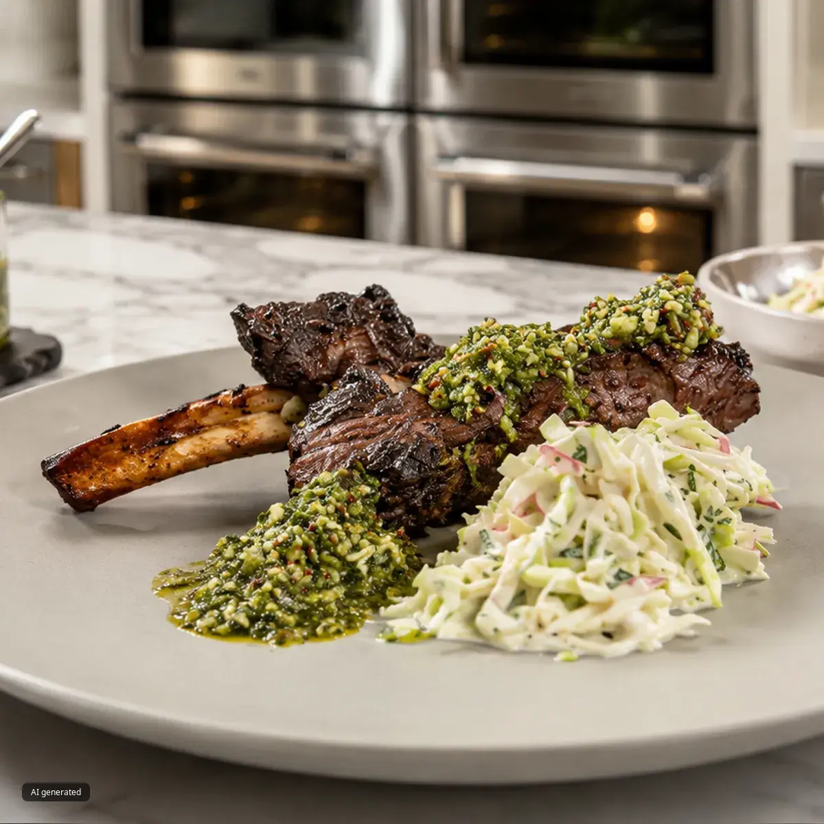 Chef holding a large plate with ribs, coleslaw, and green peas in a kitchen