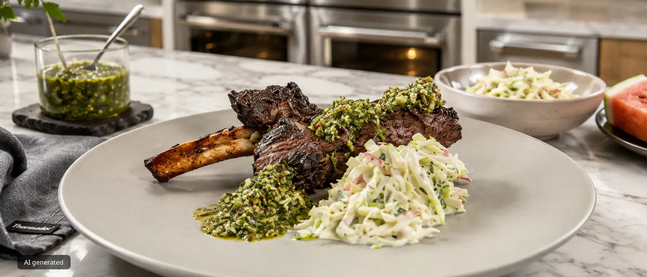 Grilled beef ribs on rosemary sprigs with shallot, garlic, radishes, green apple, scallions, coleslaw, and a jar of green sauce on a wooden board.