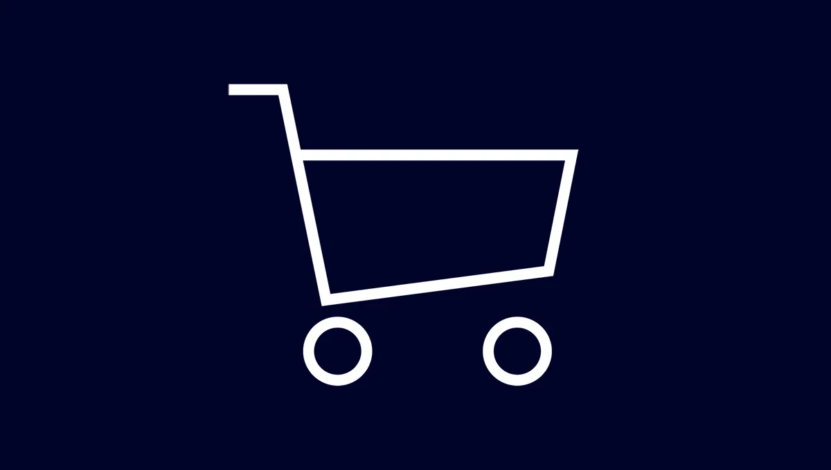 En enkel vit ikonen för en varukorg på en slät bakgrund, som symboliserar online shopping eller detaljhandel.