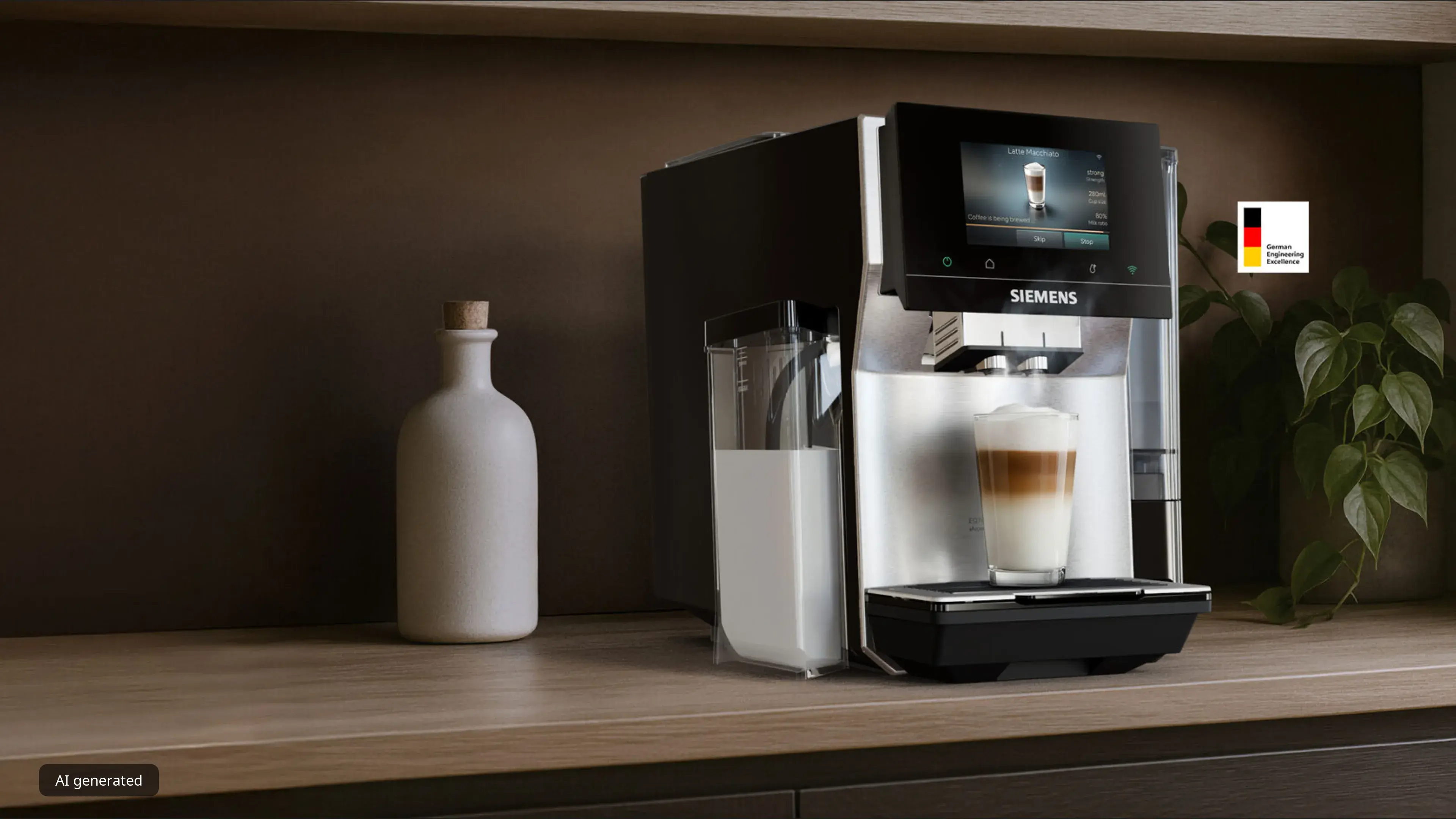 Modern Siemens coffee machine on kitchen counter with a fresh cup of coffee, snacks, and Red Dot Winner 2022 logo.