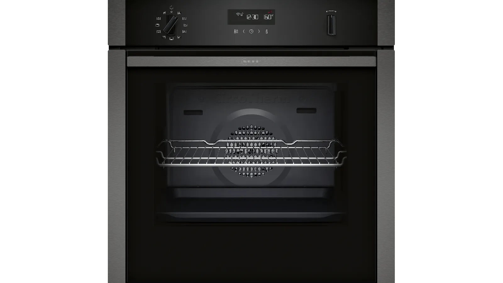 Close-up of a NEFF N50 B6ACH7HG0B oven with digital display and dial, a single wire rack inside and brushed stainless-steel trim.