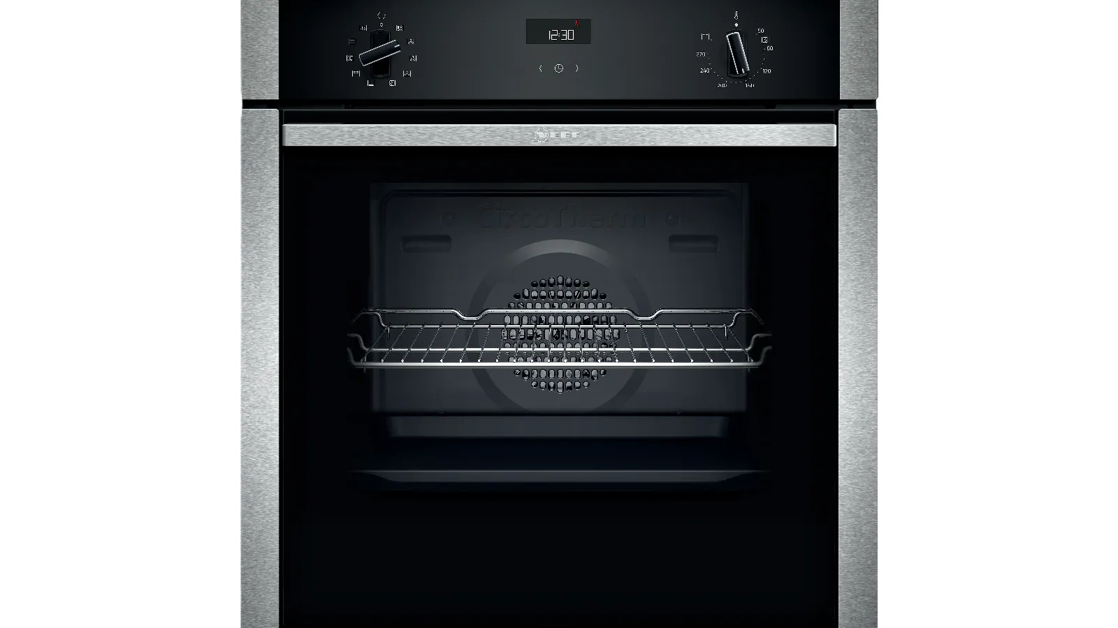 Close-up of a NEFF N50 B3ACE2AN0 oven with digital display and dial, a single wire rack inside and brushed stainless-steel trim.