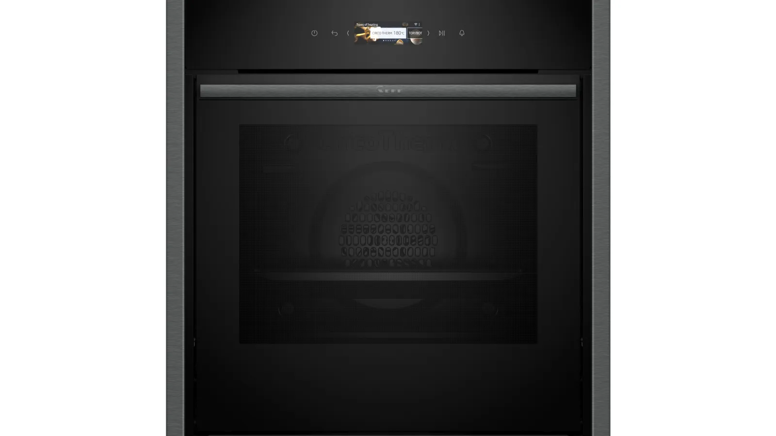 Close-up of a NEFF N70 B54CR31G0B oven with digital display and dial, a single wire rack inside and brushed stainless-steel trim.