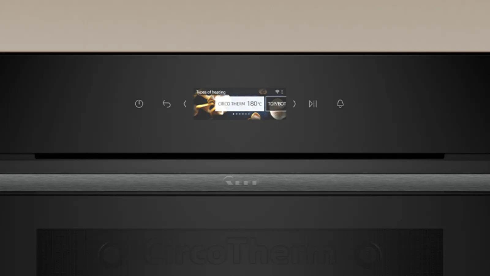 Close-up of a N70 oven full touch 1 panel with a small color display reading "CircoTherm 180°C", touch icons and brushed stainless trim above the oven door.