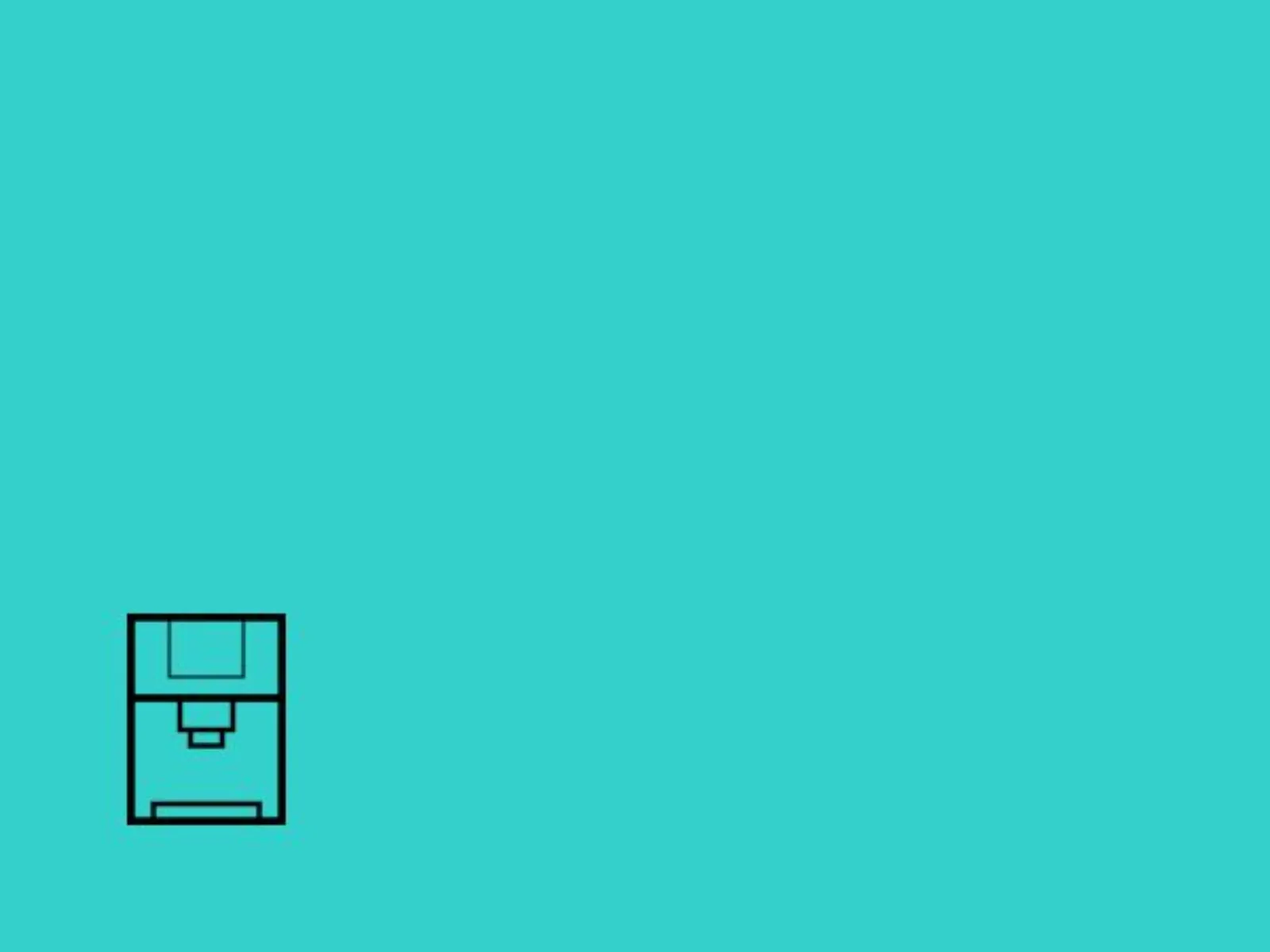 Minimalistic image of a black floppy disk icon in the bottom left corner against a solid turquoise background, conveying a retro digital theme.
