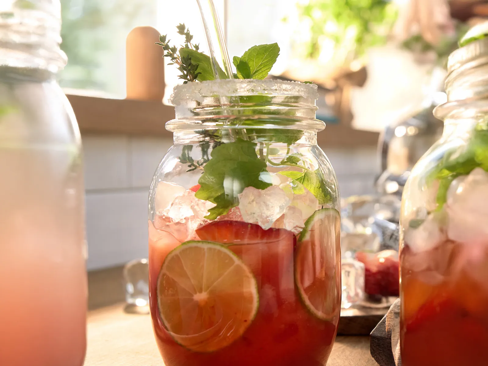 Limon sıxacağı ilə hazırlanmış şirə, buz kubikləri və təzə meyvə dilimləri ilə şüşə qabda, mətbəx sayğacının üstündə.