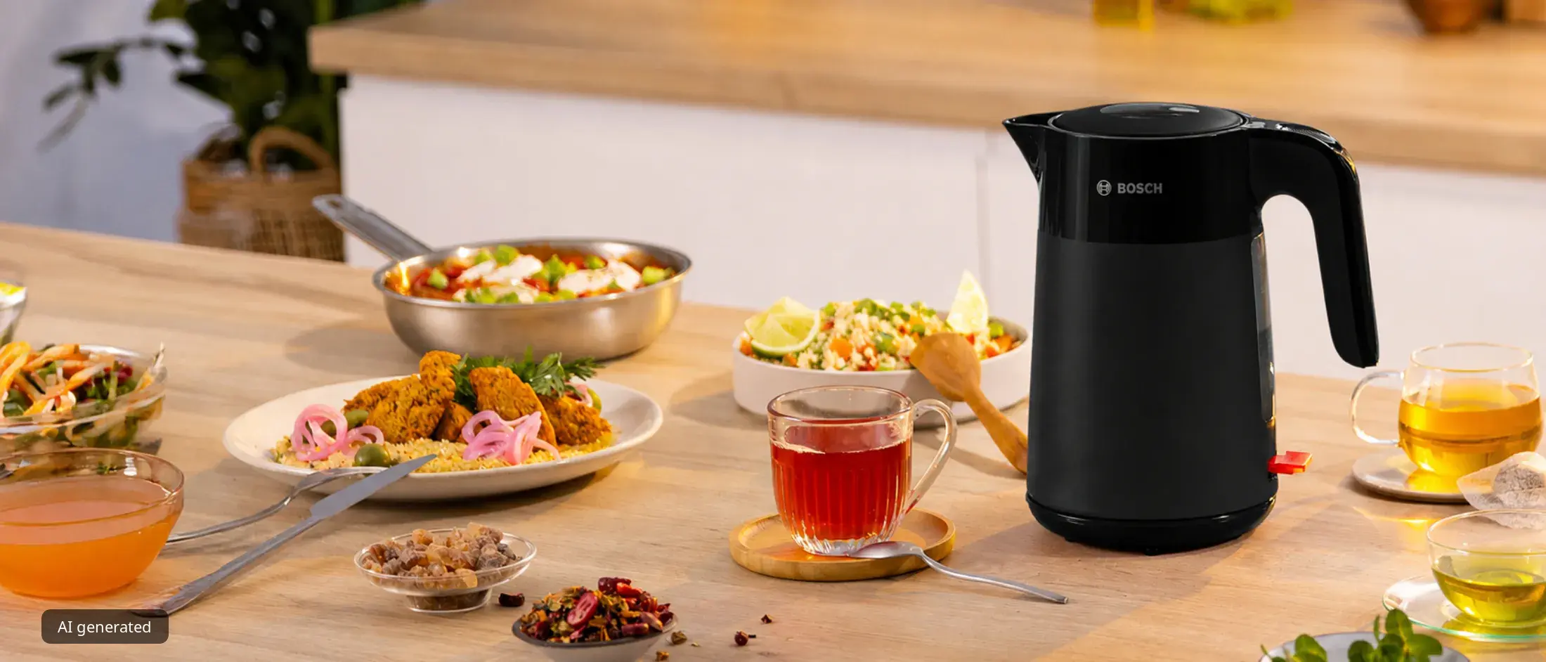 Bosch My Moment Wasserkocher in Schwarz – in einer Küche ausgestellt, ausgezeichnet als Testsieger Stiftung Warentest.