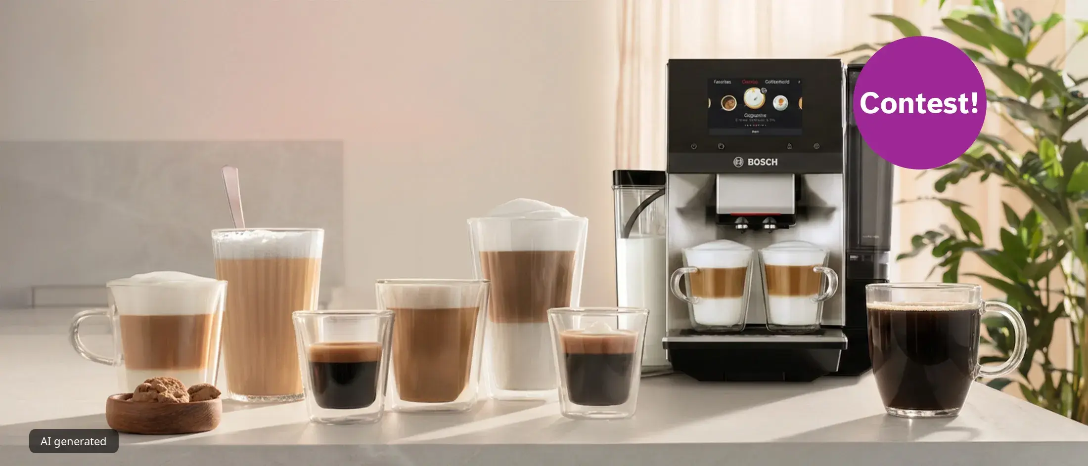 Various coffee drinks in clear glass mugs and cups arranged on a white counter in a softly lit kitchen setting.