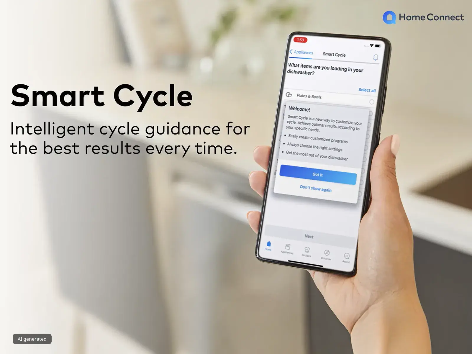 Bosch Home Connect app displays Smart Cycle settings on a phone for customizing dishwasher cycles for optimal cleaning results.