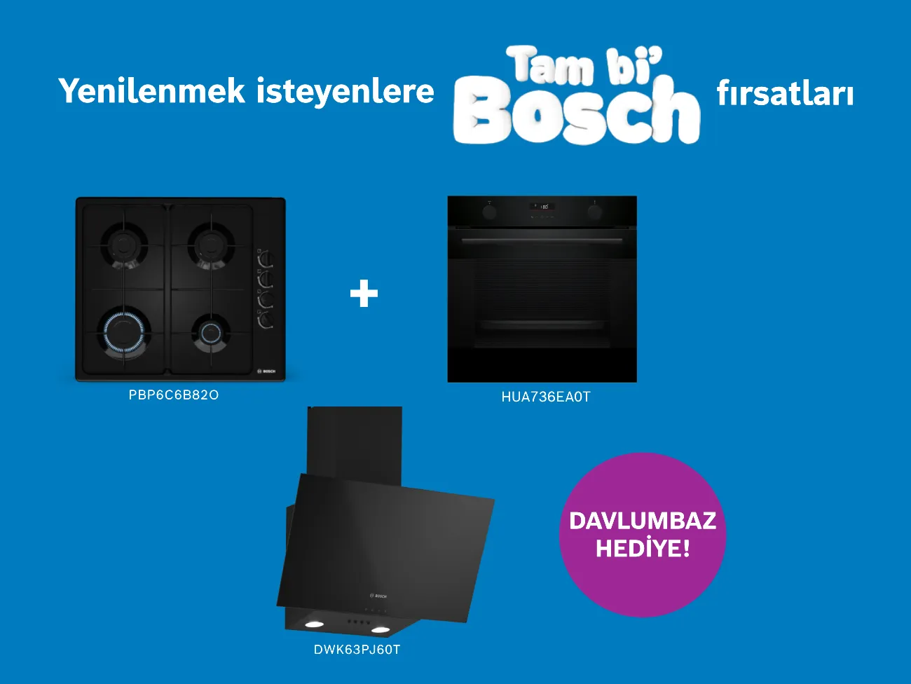 Mavi fonda ankastre ocak ve fırın üstte artı işaretiyle, altında davlumbaz, sol alt köşede mor daire içinde "9.000 TL indirim!" ve sağda "Tam bi Bosch" kampanya yazısı.