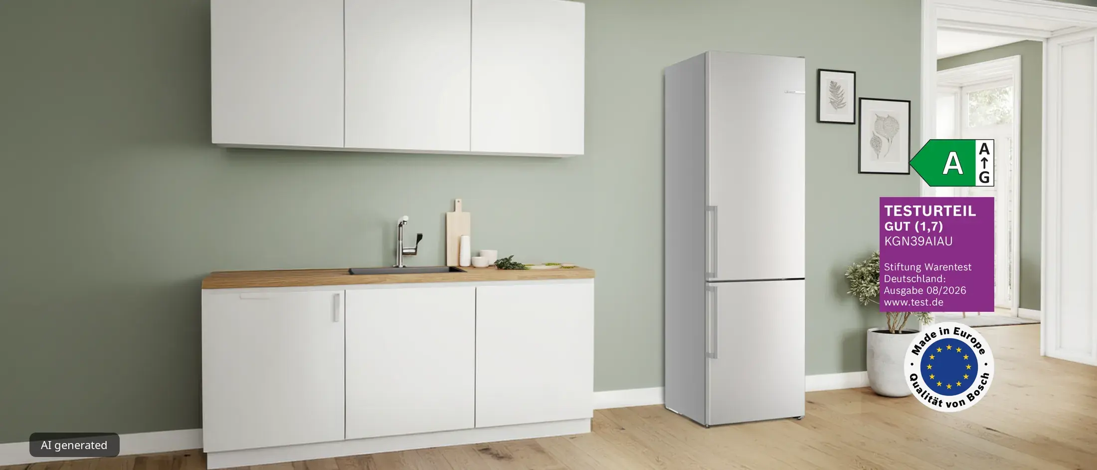 Bosch Kühl-Gefrier-Kombination KGN39AIAU mit Energieeffizienzklasse A, Stiftung Warentest Qualitätsurteil GUT (1,7), Ausgabe 08/2026, und Made-in-Europe-Siegel.