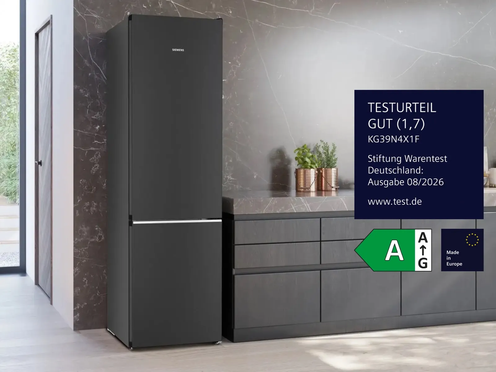 Siemens Kühl-Gefrierkombination KG39N4X1F in schwarzem Stahl, von Stiftung Warentest mit GUT (1,7) in Ausgabe 08/2026 ausgezeichnet, Energieeffizienzklasse A.