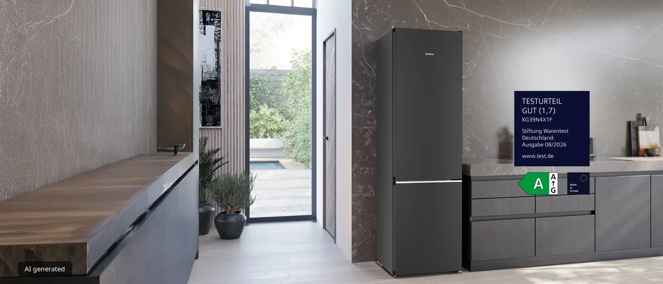 Siemens Kühl-Gefrierkombination KG39N4X1F in schwarzem Stahl, von Stiftung Warentest mit GUT (1,7) in Ausgabe 08/2026 ausgezeichnet, Energieeffizienzklasse A, Made in Europe.
