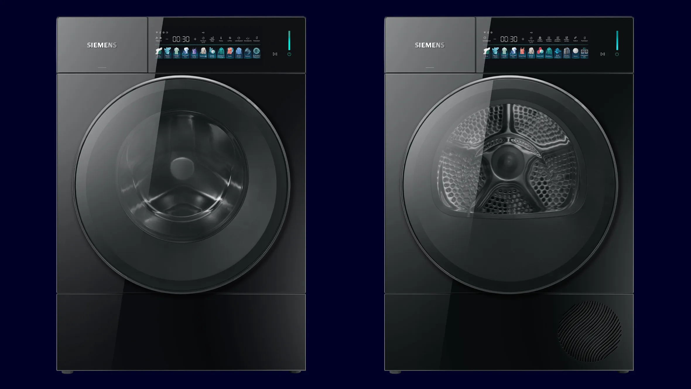 Siemens iconicEdition Waschmaschine und Trockner in schwarzem Design nebeneinander