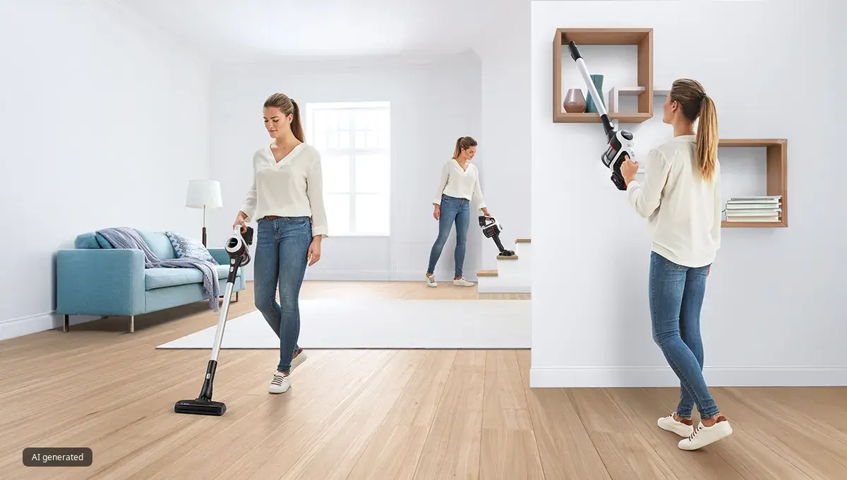 Woman uses Unlimited 6 stick vacuum in a living room: vacuuming floor in stick mode, cleaning stairs handheld, and reaching a high shelf with a crevice tool.
