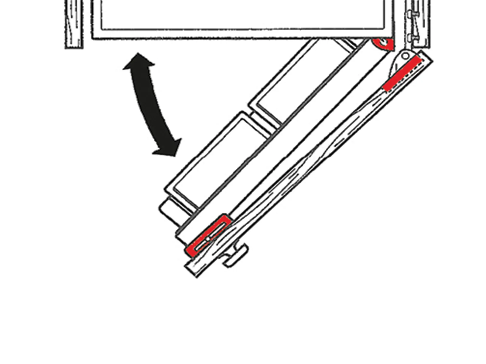 Eine schematische Darstellung eines Möbel-Scharniermechanismus mit markierten Befestigungspunkten, der das präzise Auf- und Zuklappen einer Tür oder Frontplatte verdeutlicht.