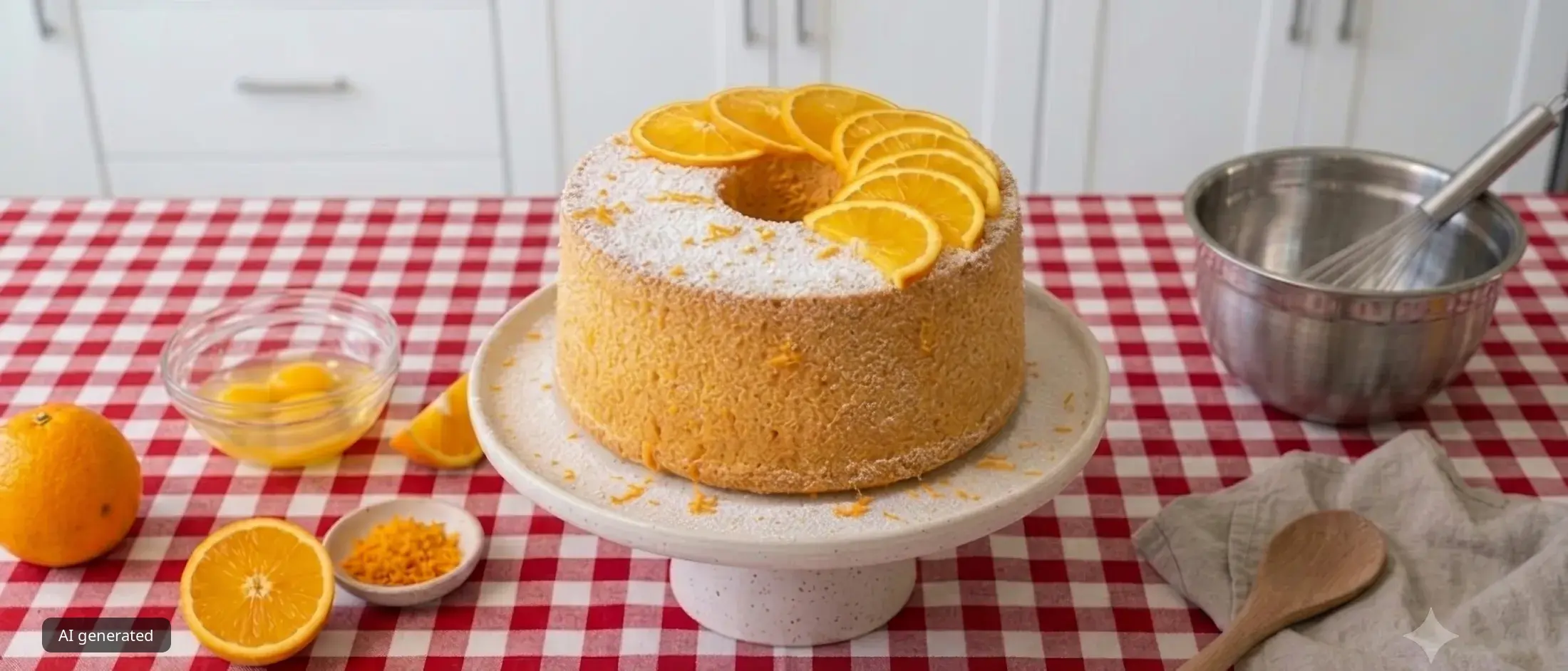Orange Chiffon Cake covered with icing sugar and sliced orange.