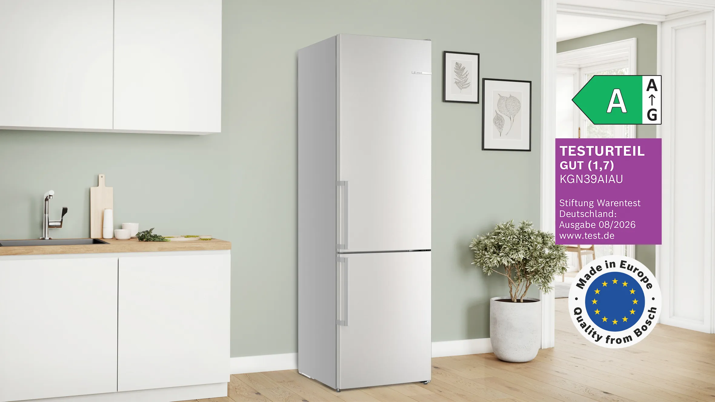 Bosch Kühl-Gefrier-Kombination KGN39AIAU mit Energieeffizienzklasse A, Stiftung Warentest Qualitätsurteil GUT (1,7), Ausgabe 08/2026, und Made-in-Europe-Siegel.