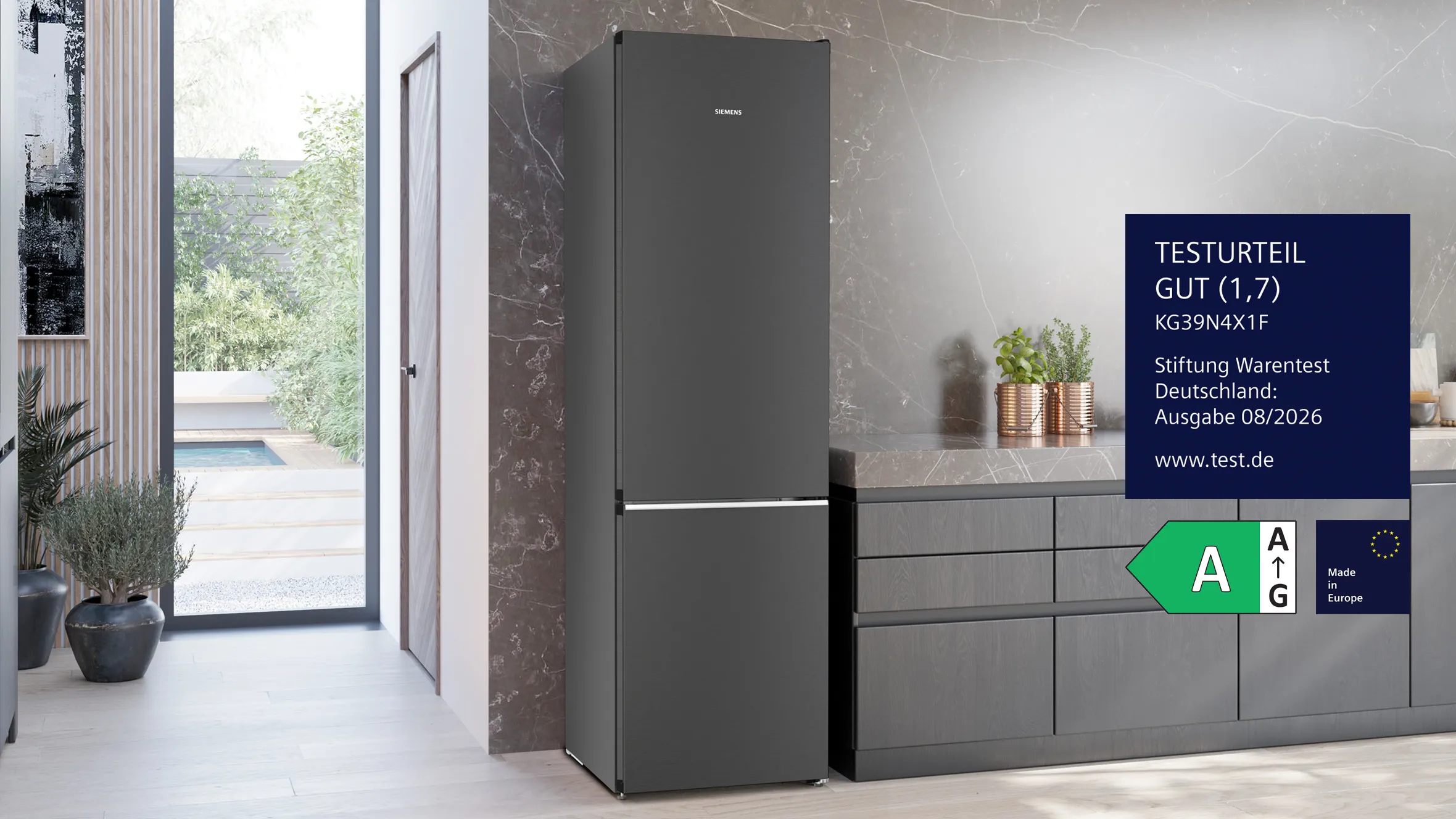 Siemens Kühl-Gefrierkombination KG39N4X1F in schwarzem Stahl, von Stiftung Warentest mit GUT (1,7) in Ausgabe 08/2026 ausgezeichnet, Energieeffizienzklasse A, Made in Europe.