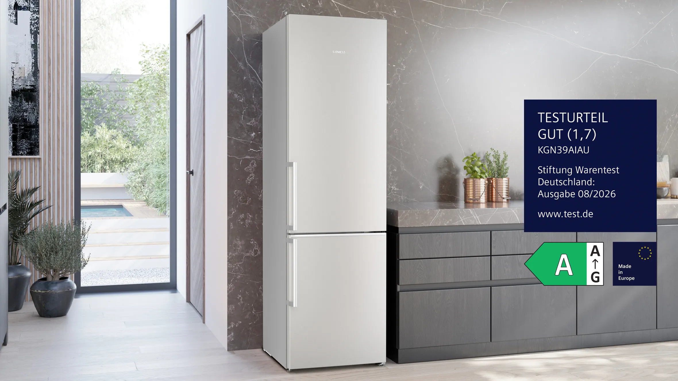 Siemens Kühl-Gefrierkombination KG39NAIAU in Edelstahloptik, baugleich zum von Stiftung Warentest mit GUT (1,7) bewerteten Modell, Ausgabe 08/2026, Energieeffizienzklasse A, Made in Europe.