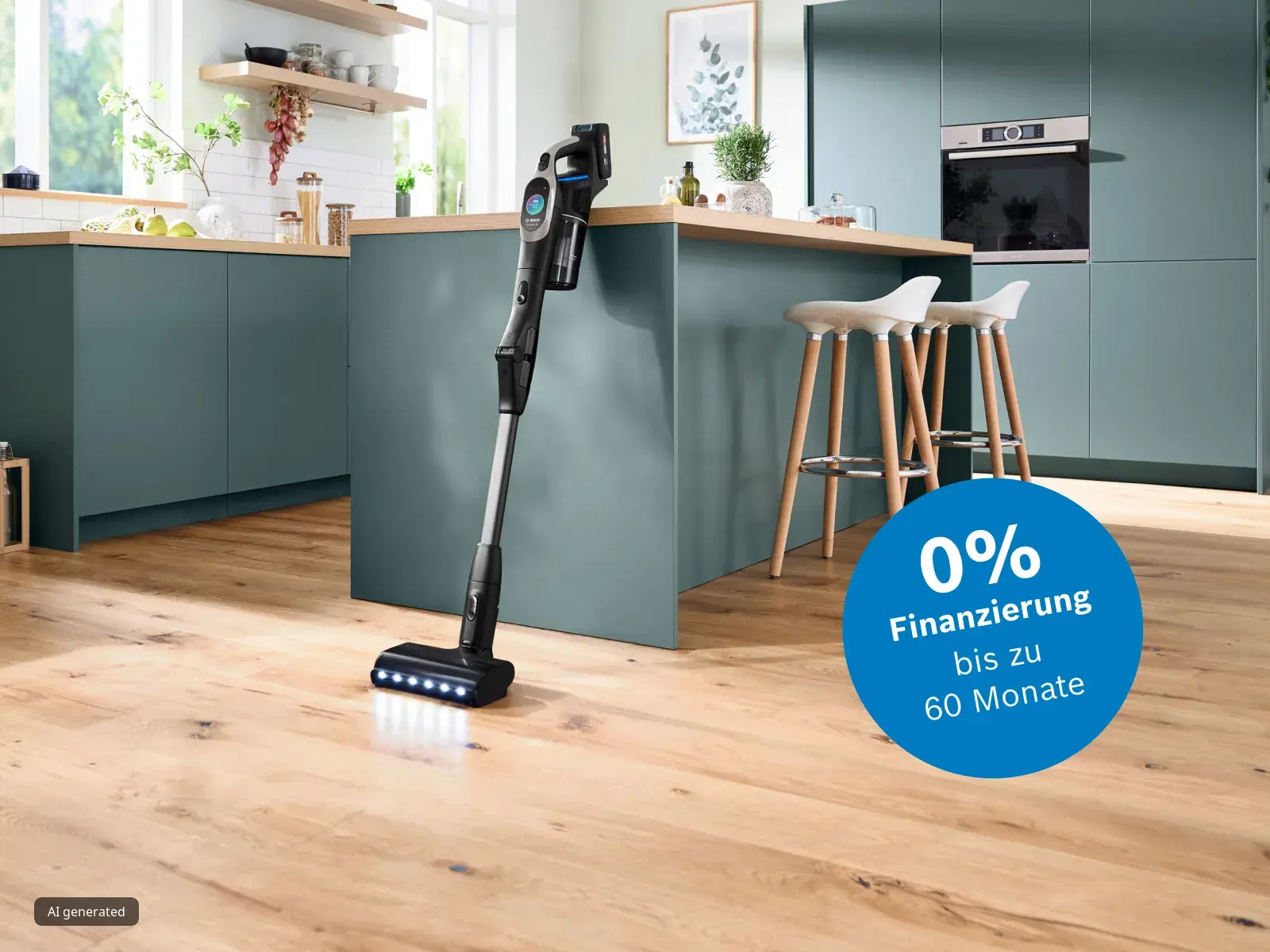 Bosch Akku-Staubsauger in einer Küche mit Hinweis auf Ratenzahlung Option