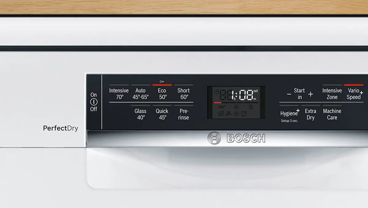 Dishwasher control panel with various buttons and settings, including SuperSilence mode.