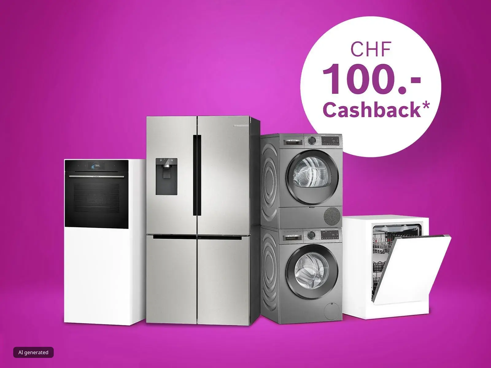 Bosch Haushaltsgeräte – Kühlschrank, Wasch-Trocken-Säule, Backofen – vor lila Hintergrund mit CHF 100.– Cashback-Badge.