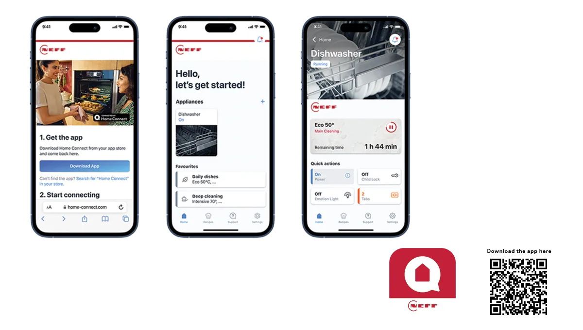 Drei Smartphone-Bildschirme, die eine App-Oberfläche für Haushaltsgeräte mit Anleitungen und Bedienelementen zeigen.