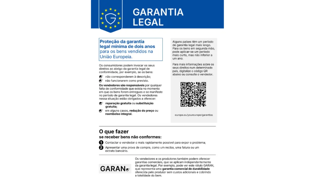 Etiqueta com informação sobre a garantia legal de dois anos aplicável aos bens vendidos na União Europeia, com código QR.