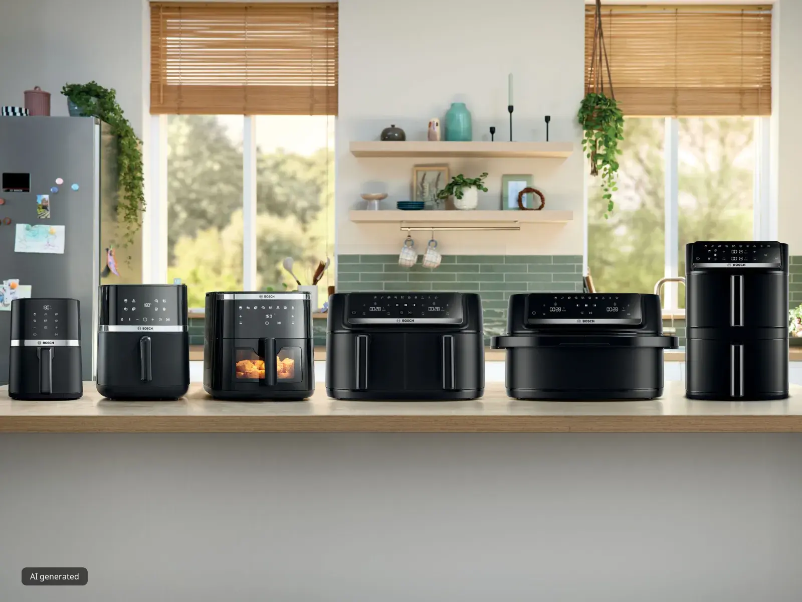 Bosch air fryers on kitchen countertop with plates of cooked food
