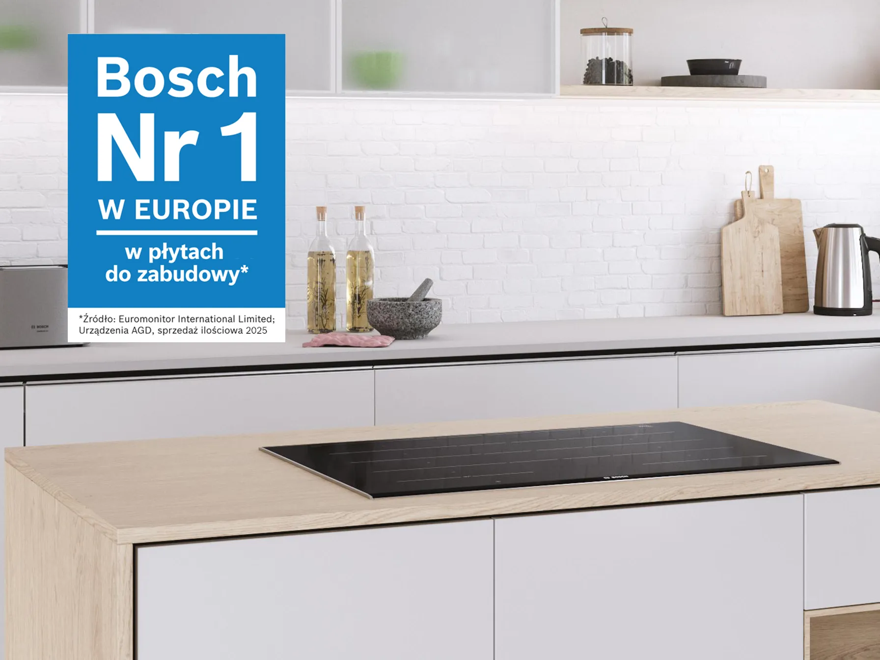 płyta w zabudowie w białej kuchni. inforgrafika bosch nr 1 