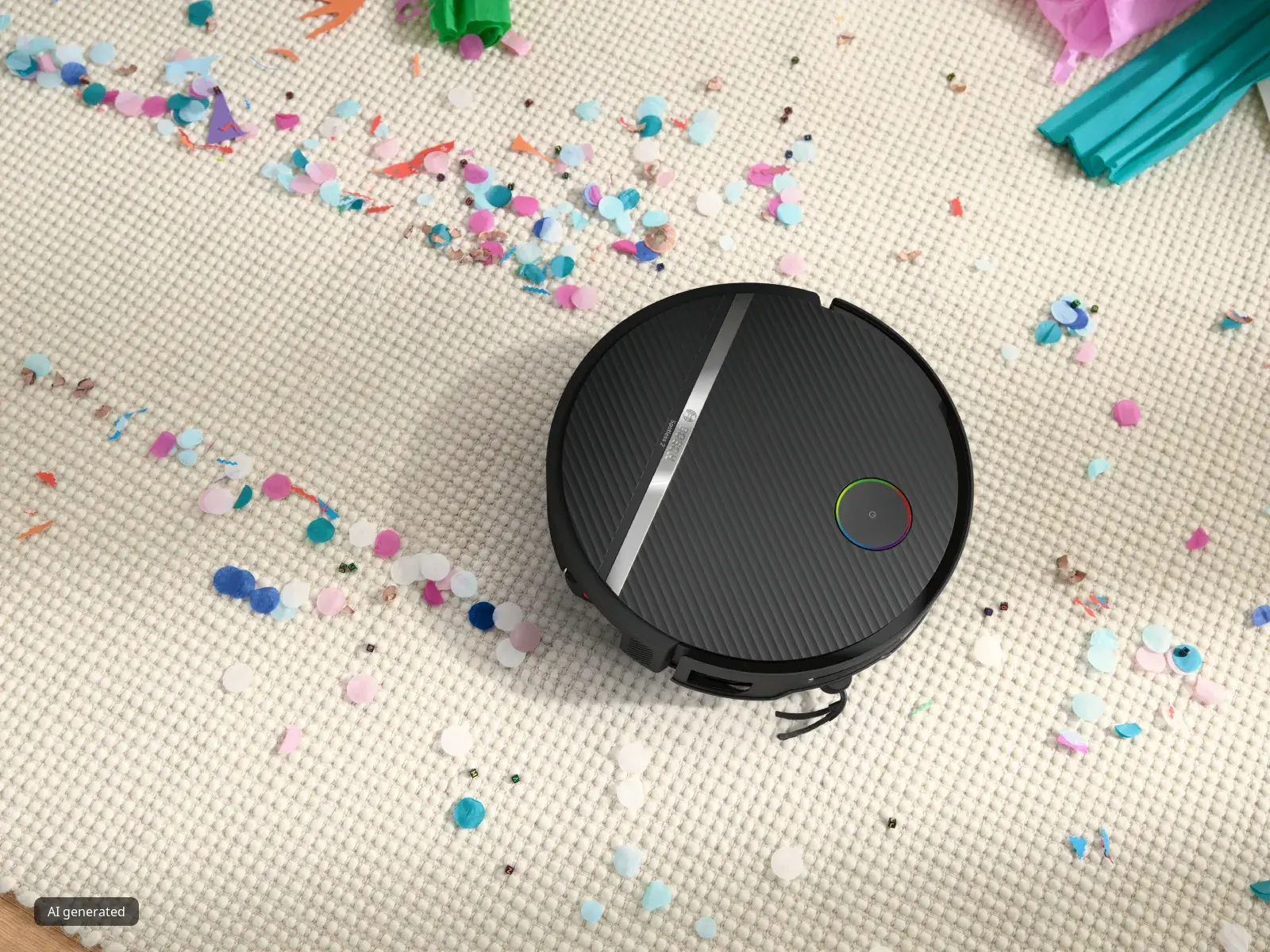 A black, round robot vacuum cleaner with a glowing multi-colored ring on its top is on a textured beige rug, surrounded by colorful party confetti.