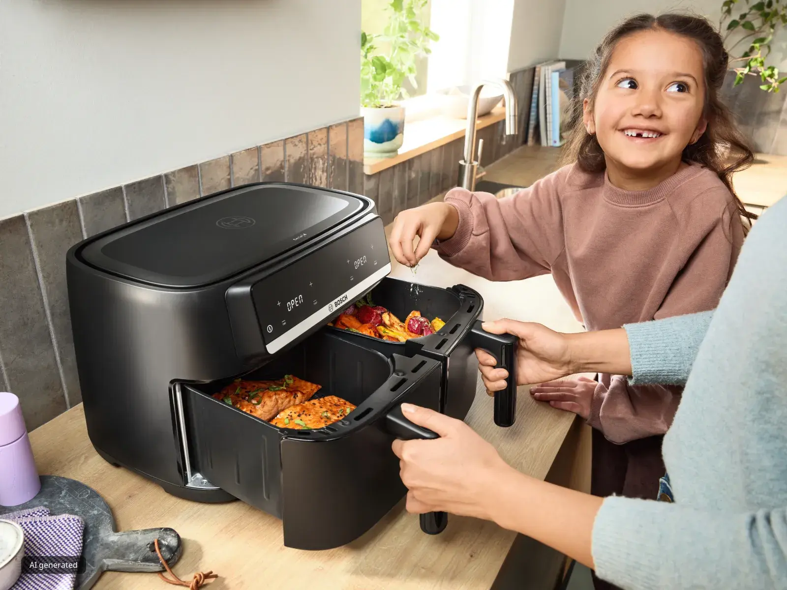 Mum and child cooking with double drawer air fryer
