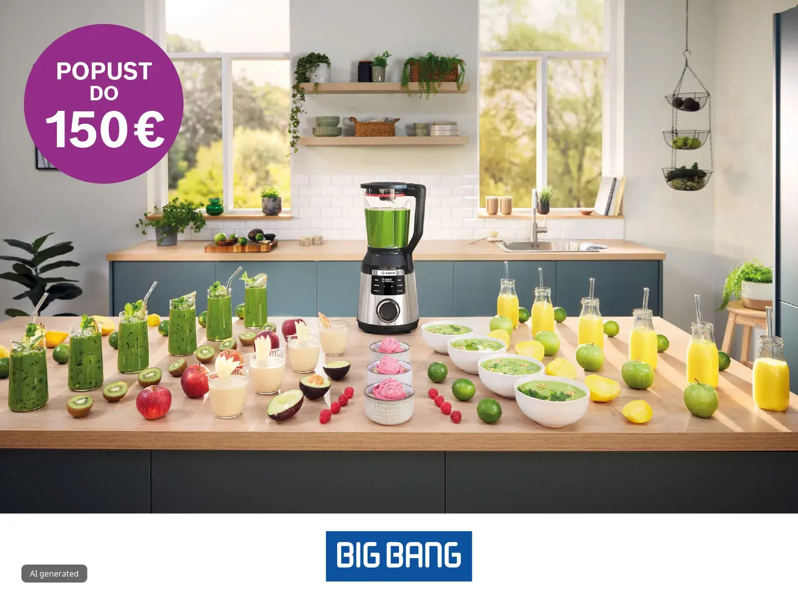 Bosch blender na kuhinjskom stolu okružen zdravim jelima.
